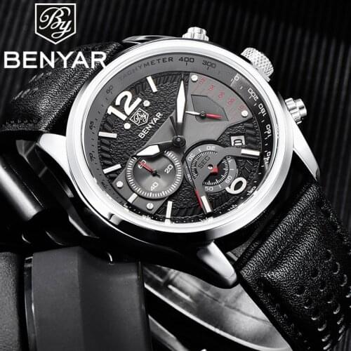 Benyar Man WristWatch Chronograph Calendar Sport Men Watch Military Army Top Brand Luxury Black Genuine Leather Male Clock 5171