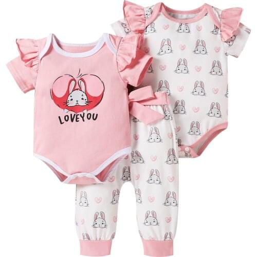 Baby Suit Set Girls Cartoon Rabbit Print Round Neck Short Sleeve Romper+ Long Pants for Toddler, 0-24 Months