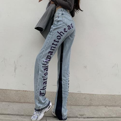 COYOTES Womens Jeans Letter Embroidery Wide Leg Pants Women High Waist Straight Trousers Spring Harajuku Korean Loose All-Match