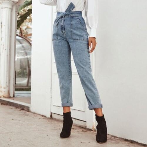 New Autumn Pop High Waist Jeans Women Casual Denim Bow Knot Pants Belt Strap Retro Jeans Ladies Pants Loose Pants
