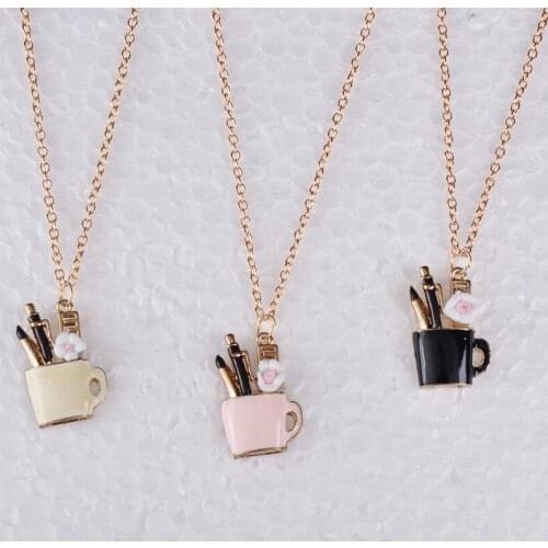 Enamel pencil cup flower Pen container pendant necklace gold color choker link chain necklace jewelry women fashion jewellery