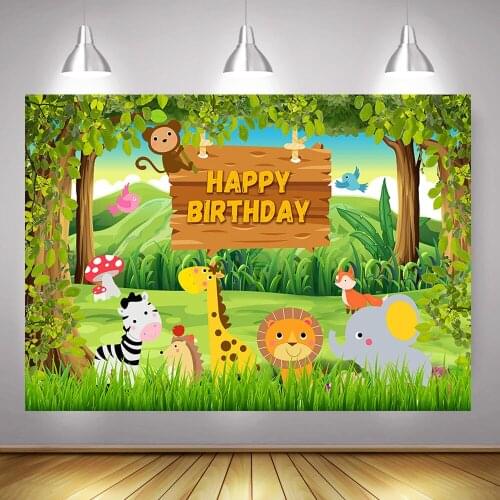 Happy Birthday Backdrop Photography Safari Jungle Forest Cartoon Animals Party Background Wild Birthday Photographic Props