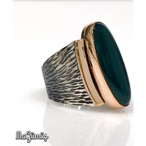 Green Agate Natural Stone Authentic Hand Production Silver Ring