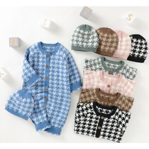 2 Pcs Newborn Houndstooth Outfits Autumn Winter, Baby Girl Boy Button-down Long Sleeve Round Neck Romper + Hat