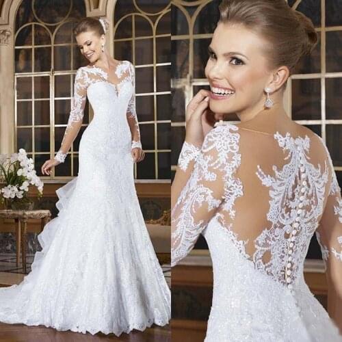 Lace Gown Jewel Mermaid Wedding Dress Plus Size Wedding Dresses Appliques Floor Length Sexy Long Sleeve