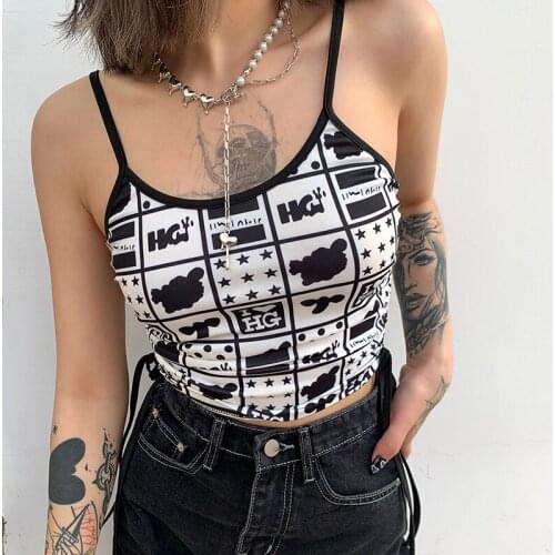 Summer Womens Crop Camisole Tops Cute Carton Graphic Spaghetti Strap Short Vest Side Drawstring Ladies Short Tank Tops