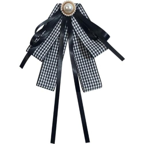 Korean Style Women Girls Layered Bow Tie Brooch Vintage Plaid Print Imitation Pearl Bowknot Corsage Student Shirt Collar