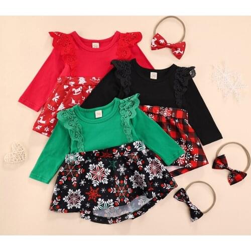 FOCUSNORM Christmas Baby Girls Lovely Romper Dress 2pcs Lace Long Fly Sleeve Flowers/Plaid Printed Jumpsuits Headband 0-18M