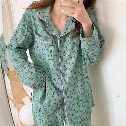 Autumn Winter Leaves Print Home Clothes Women Lounge Wear Long Sleeve Shirts Sleepwear Pants Pyjamas Cotton Pajamas Set