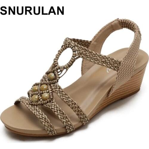 SNURULANRetro Woman Shoes Clogs Wedge Beige Heeled Sandals Breathable Large Size 2021 Summer Original Platform Black Comfort Low