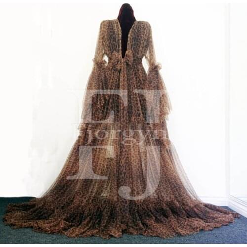 Sexy Fashion Leopard Print Dressing Gowns Real Image Bridal Robe Long Sleeve Ruffled Bow Sash Evening Party Gown Maternity Dress