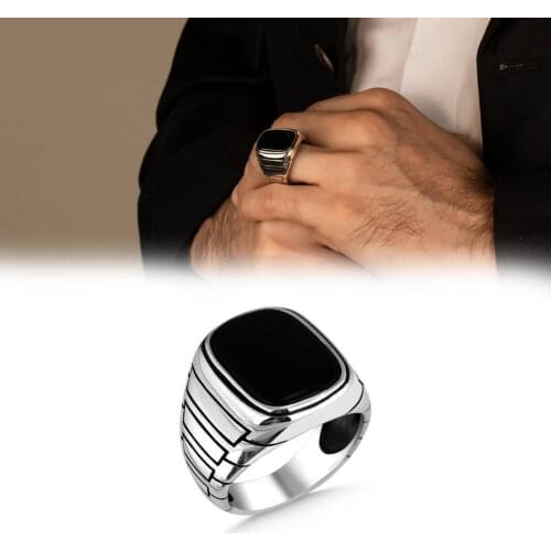 Silver Rectangle Men Ring Black onyx Gemstone Ring Handcarved Men jewelery Vintage Silver Accessories Made in Turkey