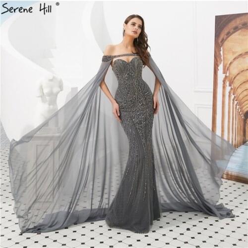 Grey Mermaid Sleeveless Shawl Yarm Evening Dresses Luxury Diamond Beading Formal Dress Long Serene Hill LA6246