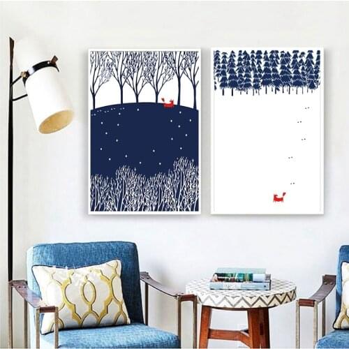 Nordic Winter Forest Landscape Canvas Painting Animal Fox Art Print Poster Wall Modular Picture for Kids Room Modern Home Decor