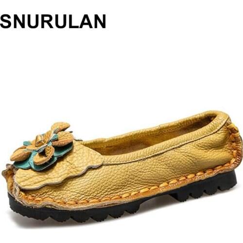 SNURULAN Women Shoes 2020 Handmade Casual Women Shoes Woman Flower Genuine Leather Flat Shoes Ballerinas Women Slip On Loafers