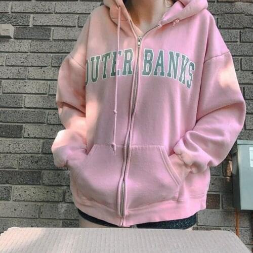 Retro Womens sweater light pink hooded zipper sweater coat Kawaii Oversized hoodie women cardigan Womens casual sweatshirts