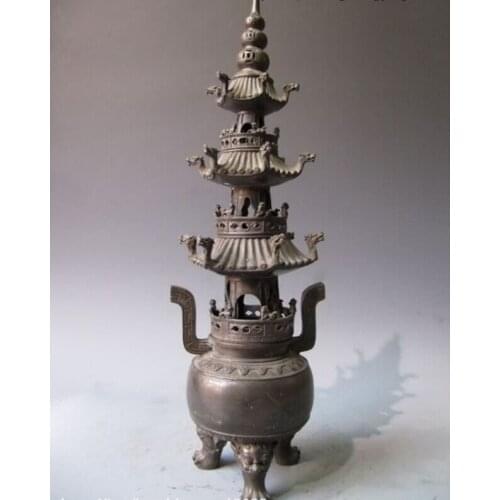 USPS to USA S0579 17 Tibet Buddhism Pure Bronze Copper Dragon stupa pagoda incense burner Censer