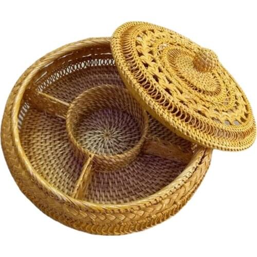 Vietnam Autumn Rattan Plaited Grid Storage Fruit Plate New Year Hollow Candy Box Snack Kit with Lid Creative Handmade Idyllic