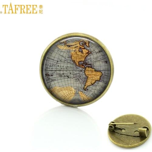TAFREE vintage city map art love travel men women badge brooches antique glass cabochon world map charm brooch pin jewelry CT176