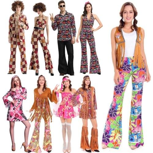 Adult Hippie Costume Retro 60s 70s 80s Groovy Go Girl Disco Fancy Dress Woodstock Rock Festival Halloween Costumes for Men Women