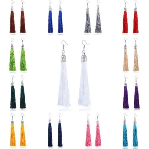 Yingwu Bohemian Crystal Long Tassel Earrings Black Blue Red Pink Fabric Drop Dangle Earrings Women Jewelry For Party Beach