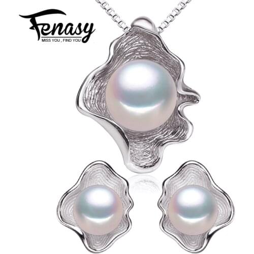 FENASY 925 Sterling Silver Jewelry Sets Natural Pearl Stud Earrings Custom Vintage Pendant Chain Necklaces For Women