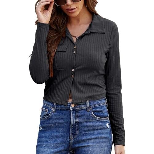 Fashion Women T-Shirt Spring Autumn Harajuku Casual Solid Color Button Top Long Sleeve Elastic With Pocket Streetwear