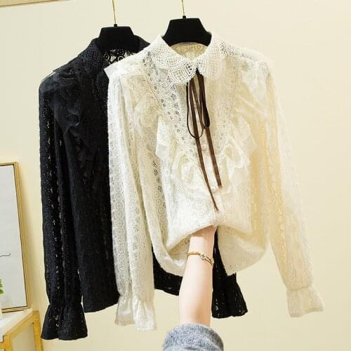 Black Lace Stitch Bow Long Sleeved Plus Size Korean Autumn Elegant Fashion Blouses And Tops WomenS Oversize Shirt Clothing 2021