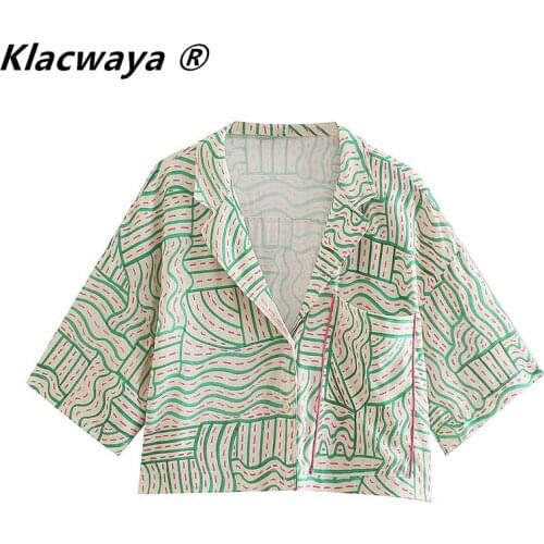 Klacwaya Women 2021 Fashion Pockets Printed Oversized Crop Blouses Vintage Short Sleeve Button-Up Female Shirts Chic Tops Mujer