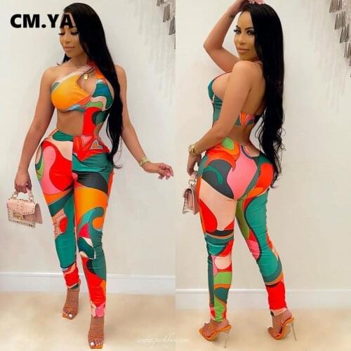 CM.YAYA Women Jumpsuit Print One Shoulder Sleeveles Hollow Out Bodycon Jumpsuits Sexy Fashion Streetwear Summer Outfits 2021