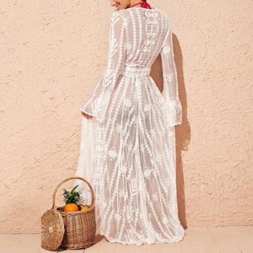 Women Flare Sleeve Cardigan Striped Lace Beach Dress Flowy Swimsuit Cover Up