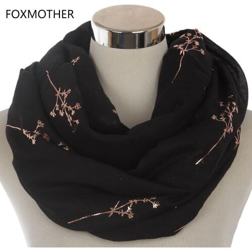 FOXMOTHER 2019 New Design Women Black Grey Navy Metallic Gold Foil Glitter Floral Tree Branches Infinity Scarf