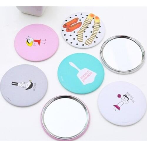 1PC Portable Mini Cosmetic Mirror Round Makeup Mirror Women Round Mini Pocket Mirrors Cartoon Patterns Travel Make Up Tools Gift