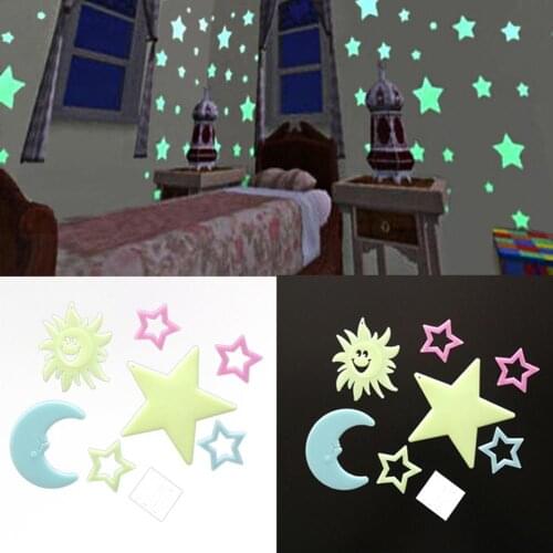 7Pcs Luminous Sun Star Moon Wall Sticker Glow in Dark Removable Kids Room Decor