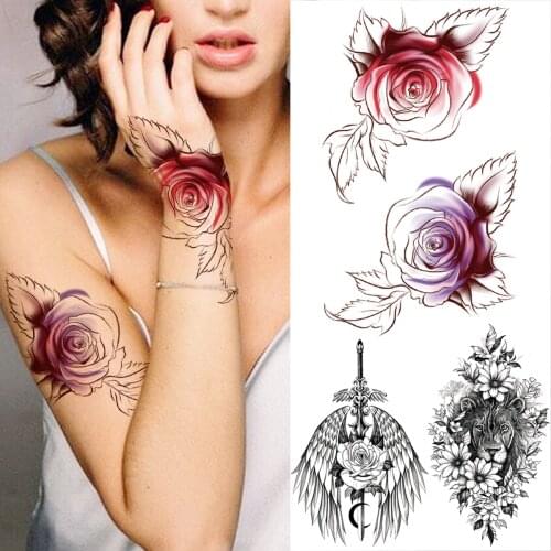 Watercolor Rose Flower Leaf Temporary Tattoos For Women Men Adult Sword Wings Tiger Fake Tattoo Sticker 3D Waterproof Tatoos