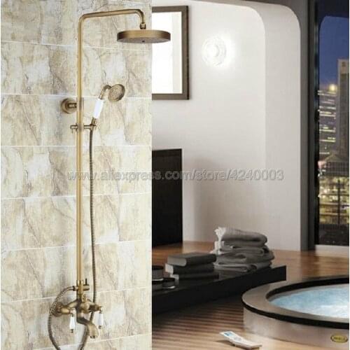 Antique Bronze Brass Wall Mounted Bathroom Rain Shower Mixer Tap W /Tub Faucet Set Dual Handles Krs165