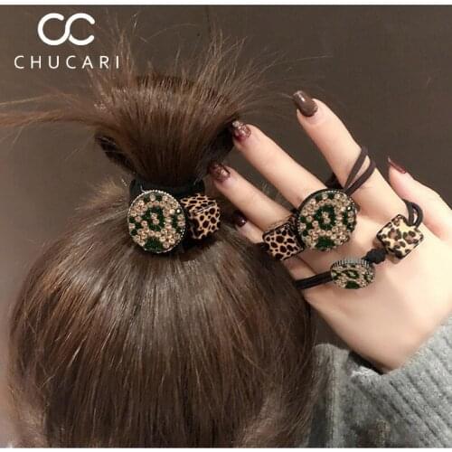 CHUCARI New Rhinestone Leopard Print Women Scrunchie Vintage Zircon Girls Hair Accessories Fashion Smile Face Elastic Hair Band
