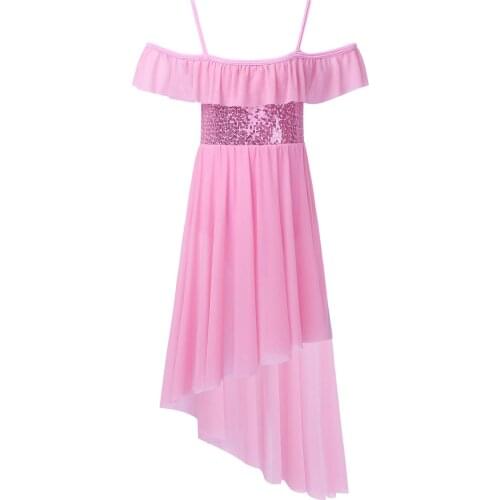 Kids Girls Party Dance Dress Open Shoulder Sleeveless Ruffle Sequins Irregular Chiffon Dress with Built-in Shorts Dance Leotard