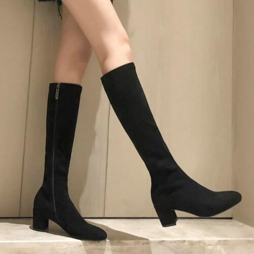 EshtonShero Flock Stretch Sock Boots Round Toe Square Med Heel Black Knee High Boots Zipper Woman Casual Boot Size 3-12