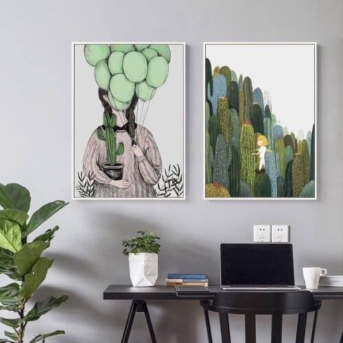 Cactus Girl Canvas Painting Green Potted Plant Balloon Wall Art Cartoon Picture Prints Nordic Home Decor Posters for Living Room