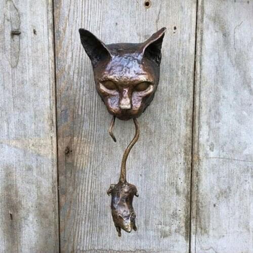 Cat and Mouse Door Knocker or Wall Resin Ornament Rusty Brown Cast Iron Pest Repellent Mouse Metal Statue Protect Plants New