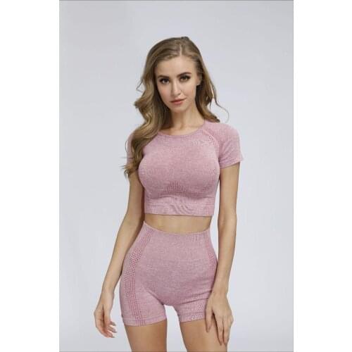 2pc Summer Women Seamless Yoga Set Fitness Tracksuits Short Sleeve Crop Top Shirts Running Shorts Workout Clothes Gym outfits