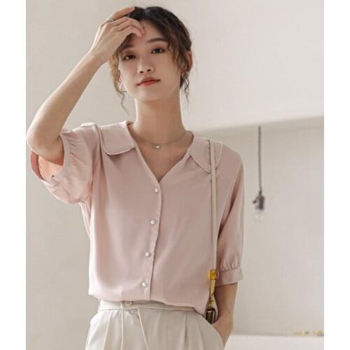 GUUZYUVIZ Summer Pink Chiffon Blouse Casual Half Sleeve Turn-down Collar Solid Office Korean Shirts Women