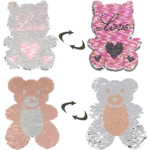 Love Bear Reversible Change color Sequins Sew On Patches for clothes DIY Patch Applique Bag Clothing Coat Jeans Craft