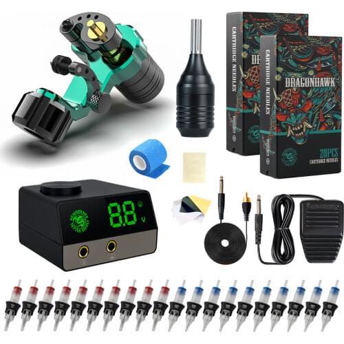 Dragonhawk Falcon RCA Rotary Tattoo Machine Coreless Motor Makeup Kit with Alloy Grip Silicone Case Cartridge Needles Supply Kit