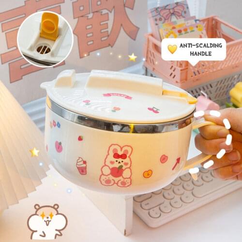 W&G Kawaii Lunch Box Set Pot Belly Cute Instant Noodle Bowl with Lid Handle 304 Stainless Steel Bento Box Lunch Box for Kids