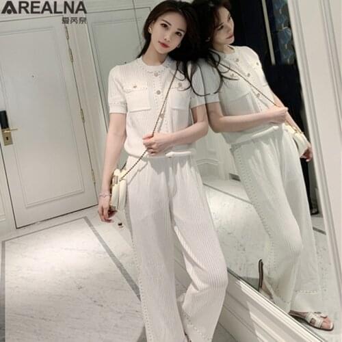 Fashion Ice silk knitted two piece set women short sleeve sweater tops + Wide leg pants korean suit 2 piece sets womens outfits
