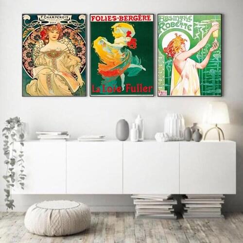 Folies Bergere Canvas Paintings on The Wall Drinking Girl Posters Wall Art Pictures Mucha Art Nouveau Cuadros Home Decoration