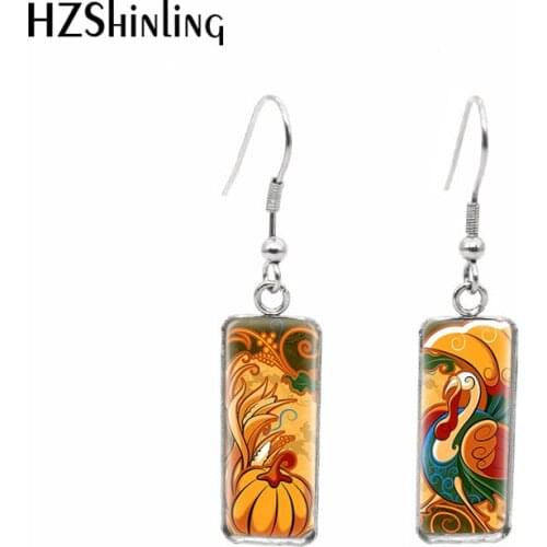 2020 New Happy Thanksgiving Earring Art Painting Rectangular Earring Handmade Hook Earrings Glass Dome Jewelry