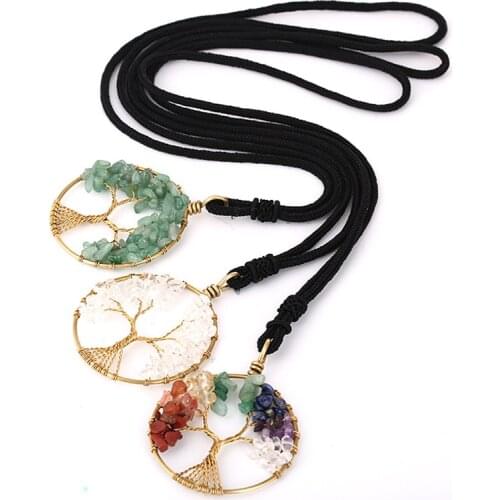 Popular Classic Tree of Life Rainbow Stone Pendant Necklace Gilded Copper Crystal Natural Stone Necklace Women Fashion Gift 2021